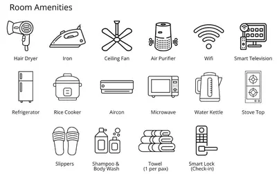 a set of line icons of room amenities at 11a Spacious Suite with Resort Amenities Free Parking with Washer Great for Long Stays in Manila