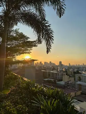 a sunset over a city with a palm tree at Affordable Staycation Home in Makati in Manila
