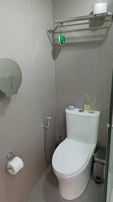 a bathroom with a toilet with a roll of toilet paper at 1 Master BR with full bathroom and JET TUB plus 2nd BR with full bathroom Elegant fully furnished with hotel feels in Manila