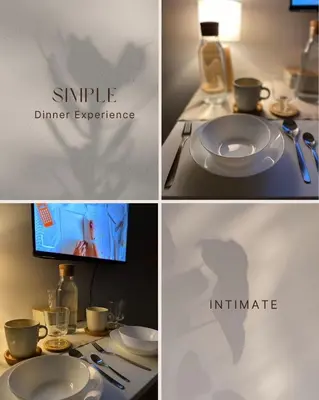 a collage of four pictures with a table with a plate at Prime Location Affordable Studio Condo in Legaspi village, Makati with Fast WiFi in Manila