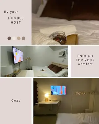 a collage of two pictures of a bedroom with a bed and a desk at Prime Location Affordable Studio Condo in Legaspi village, Makati with Fast WiFi in Manila