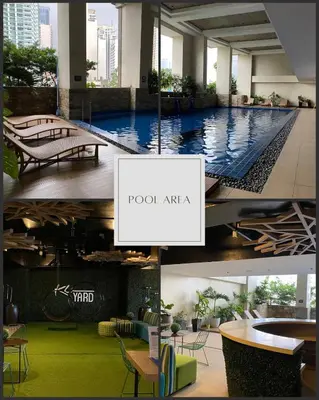 a collage of photos of a pool at a hotel at Prime Location Affordable Studio Condo in Legaspi village, Makati with Fast WiFi in Manila