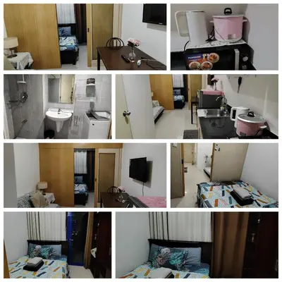a collage of four pictures of a room at SM MOA staycation condotel in Manila