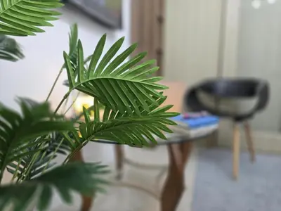 a green plant next to a table and a chair at Gracie's Suites by Staycation With FREE Parking in Manila