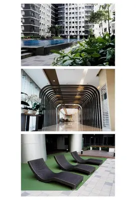 two pictures of a building with a row of chairs at Blue Horizon - Newly renovated condo near MOA in Manila