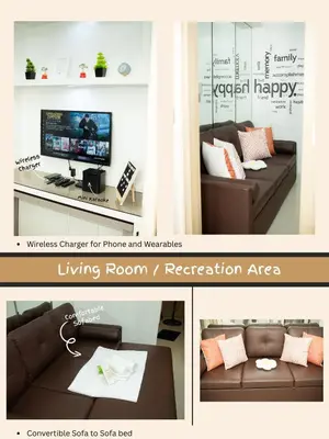 a living room with a brown couch and a living room recreation area at Relaxing Staycation Near MOA in Manila