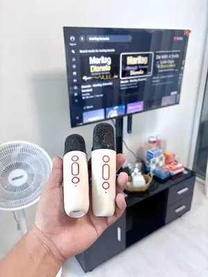 a person holding two microphones in front of a tv at Lé Boom's Staycation in Manila