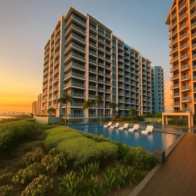 a large building with a swimming pool in front of it at Luxurious 2BR near Solaire, Okada, Airport in Manila