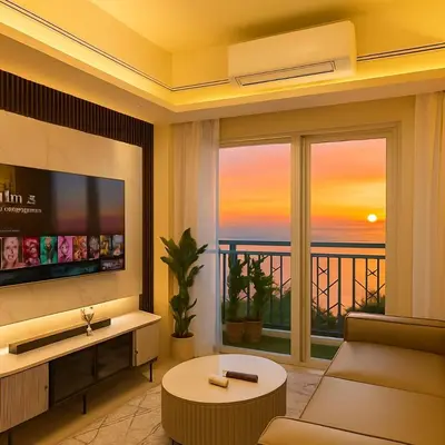 a living room with a view of the ocean at Ultra Luxury 6BR near Solaire, Okada, & Airport in Manila