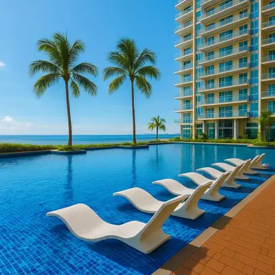 a swimming pool with white chairs and palm trees at Spacious 2BR near Solaire, Okada, Airport in Manila