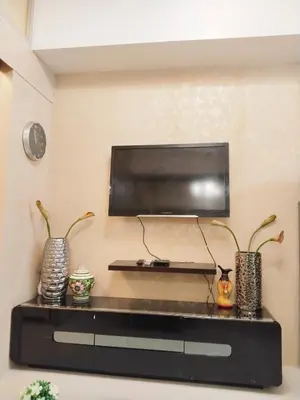 a flat screen tv on a wall with two plants at Maria's staycation in Manila
