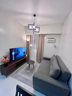 a living room with a couch and a flat screen tv at High and Cozy in Manila