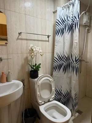a bathroom with a toilet and a shower curtain at Condo in Ermita near UP-PGH, St Lukes & US Embassy in Manila