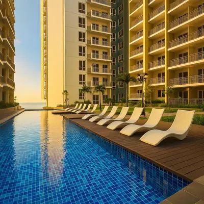 a row of white chairs sitting next to a swimming pool at Modern & Cozy 3BR near Okada, Solaire, Airport in Manila