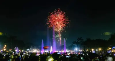 a crowd of people watching a fireworks show at night at Birch Tower A8 Front of Robinson Mla BayFree Pool in Manila