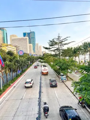 a city street with cars and buildings and palm trees at Spacious 3BR near US Embassy, Manila Ocean Park in Manila