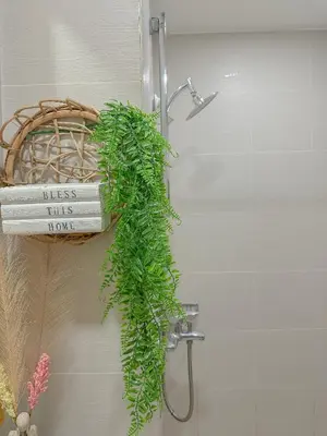 a green plant in a basket on the door of a shower at The Sandscape Suite in Manila