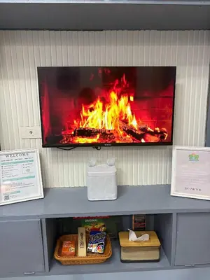a tv on a wall with a fire on it at Azul Paradise in Manila