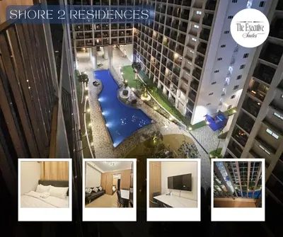 a collage of photos of a building with a pool at The Executive Suites at Shore 2 Residences in Manila