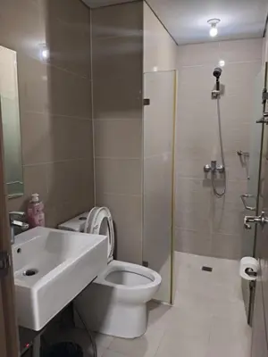 a bathroom with a sink and a toilet and a shower at LDN Two Palm Tree Newport Home in Manila
