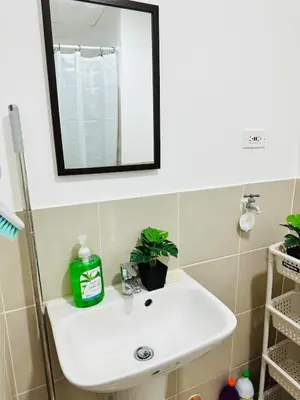 a bathroom sink with a mirror and a plant on it at Affordable Condo Near SM Southmall in Manila