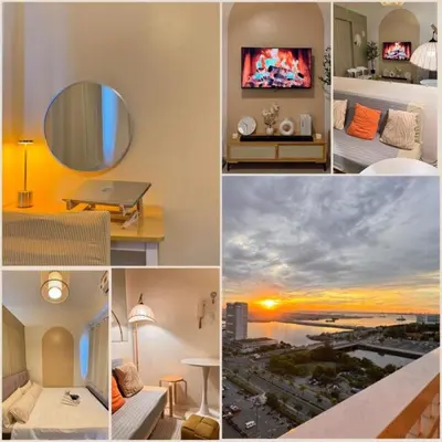 a collage of photos of a room with a television at Shore Residences Haru Cozy pad Near Mall of Asia and Airport in Manila