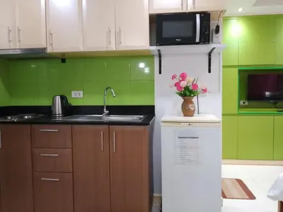 a kitchen with a sink and a vase of flowers on a counter at One Palm Tree Condo in Manila