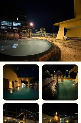 a collage of four pictures of a swimming pool at night at \u5eb7\u5bbf \u6ec4\u6d77\u5c45 Sea Horizon in Sampong