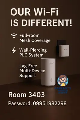 a poster of a coffee cup with the words our wifi is different at \u5eb7\u5bbf \u6ec4\u6d77\u5c45 Sea Horizon in Sampong