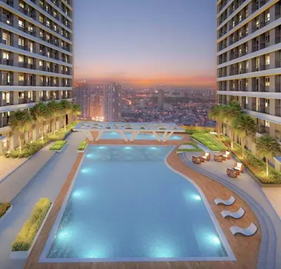 an overhead view of a large swimming pool in a building at 1BR Condotel with Balcony at FAME Residences #FM06-1 in Manila
