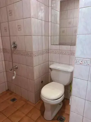 a bathroom with a white toilet and a shower at Ocean view malate manila in Manila