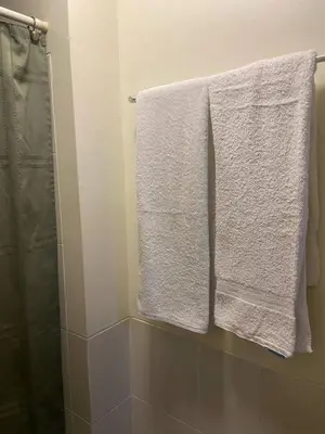 two towels hanging on a towel rack in a bathroom at Lumiere Residences in Manila