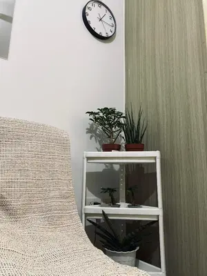 a clock on a wall above a shelf with plants at Shore Escape PH in Manila