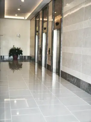 a hallway of a building with a potted plant at Modern Studio Condo in Heart of Quezon City in Manila