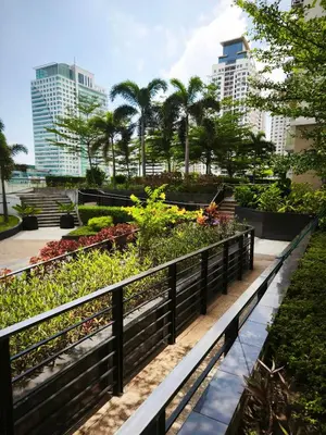 a garden in a city with tall buildings at Modern Studio Condo in Heart of Quezon City in Manila