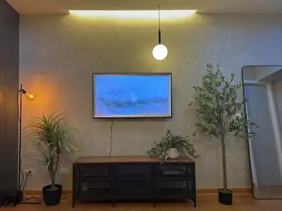a living room with two plants and a tv on the wall at Sleek Designer Studio at Knightsbridge Residences in Manila
