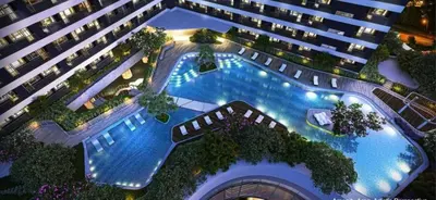 an overhead view of a large swimming pool in a building at Entire Room in Makati Center with FAST WIFI in Manila