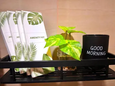 a black shelf with a plant and a coffee mug at SLY Staycation at Shore Residences Mall of Asia in Manila