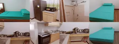 three pictures of a room with a kitchen and a room with at Short stay near NAIA in Manila