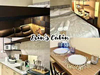 a collage of pictures of a kitchen and a bed at Cozy Studio near Nuvali, Enchanted Kingdom - Private Cinema with Netflix & Disney Plus with Free Pool Access in Silang