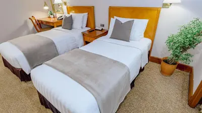 two beds in a hotel room with a potted plant at Ortigas CBD Near Business & Shopping Hubs in Manila