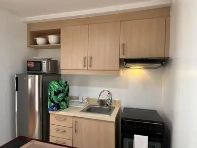 a small kitchen with a sink and a refrigerator at Tropical Wood Studio w Balcony Near Greenbelt Pool and Gym Access in Manila