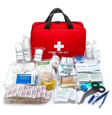 a red bag filled with medicines and other items at Cattleya Hearthstone in Manila