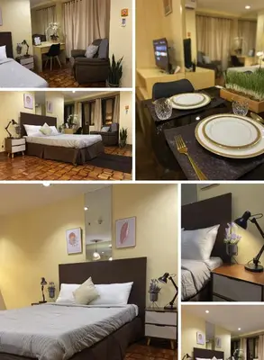 a collage of four pictures of a hotel room at Makati City Private Studio across Greenbelt Mall in Manila