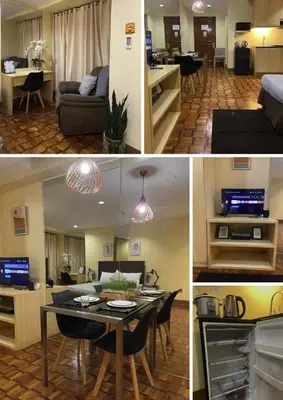 three pictures of a living room and a dining room at Makati City Private Studio across Greenbelt Mall in Manila