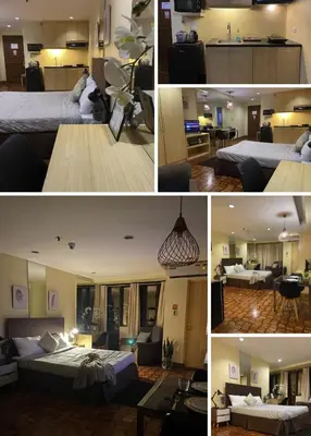 a collage of four pictures of a hotel room at Makati City Private Studio across Greenbelt Mall in Manila