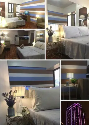 a collage of four pictures of a hotel room at Makati City Private Studio across Greenbelt Mall in Manila
