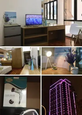 a collage of photos of a office with a computer and a building at Makati City Private Studio across Greenbelt Mall in Manila