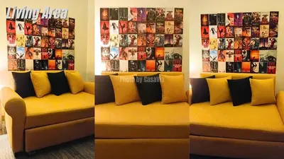 three pictures of a couch in a living room at Casa Via at Shore 2 Residences inside SM MOA Complex, Pasay City in Manila