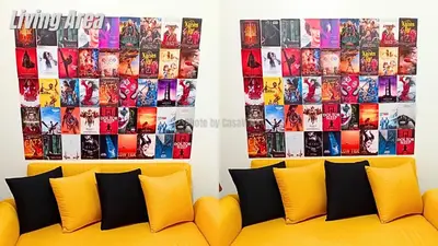 a room with a yellow couch with posters on the wall at Casa Via at Shore 2 Residences inside SM MOA Complex, Pasay City in Manila